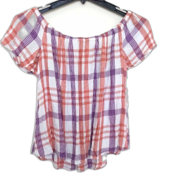 Women's Express Purple and Pink Off-the-Shoulder Flutter Sleeve Blouse, Size M - Picture 3 of 6